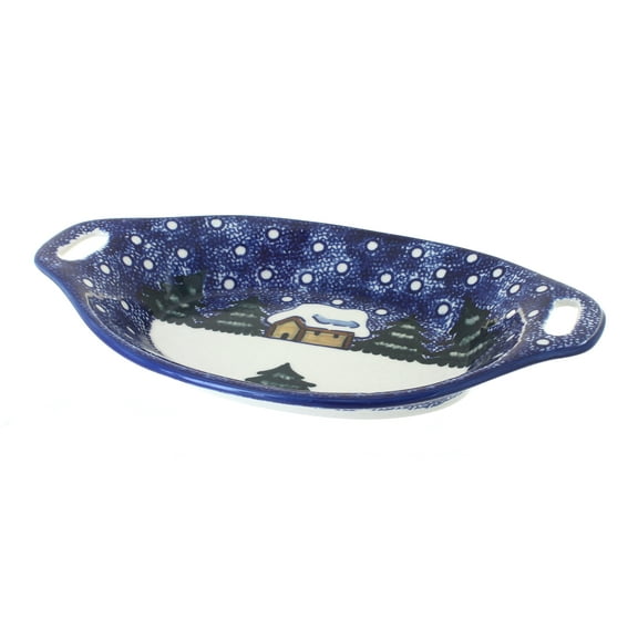 Blue Rose Polish Pottery Winter Forest Oval Dish with Handles