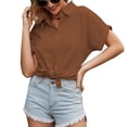 thumbnail image 1 of Top con botones de Color liso, camisa de manga corta para mujer, camisa de Color liso, blusa con cuello vuelto, diseño aerodinámico, 1 of 5