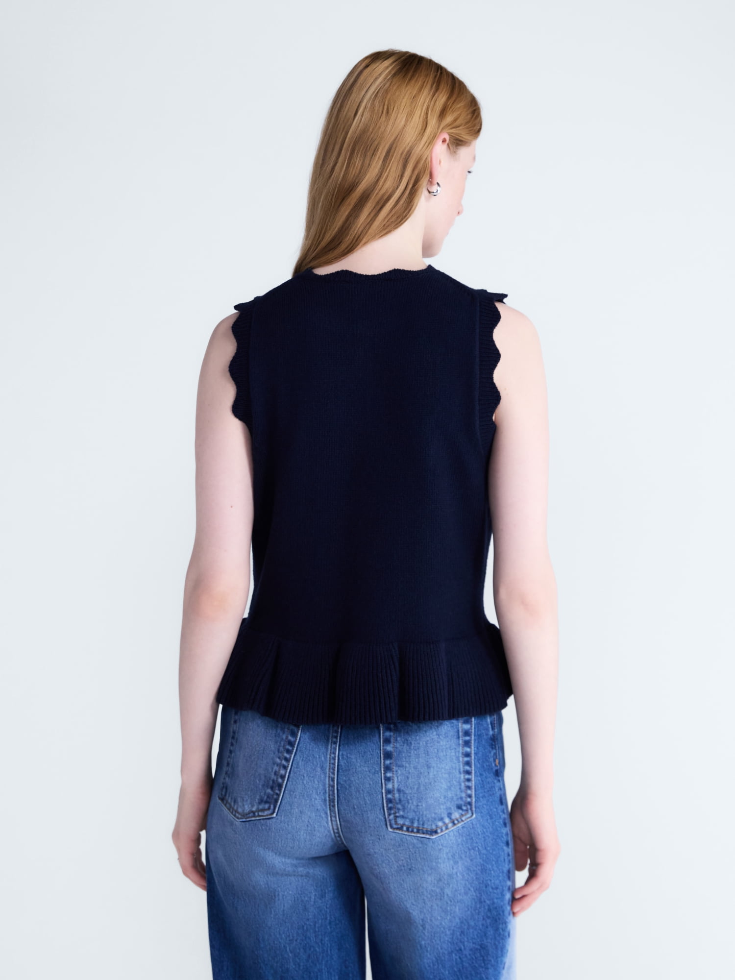 Free Assembly Women's Scalloped Trim Peplum Hem Sweater Vest, Lightweight, Sizes XS-XXL