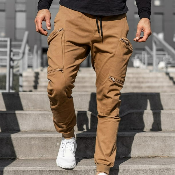 Mens Casual Pants Multi-Pockets Fashion Cargo Joggers Gym Drawstring Long  Pants