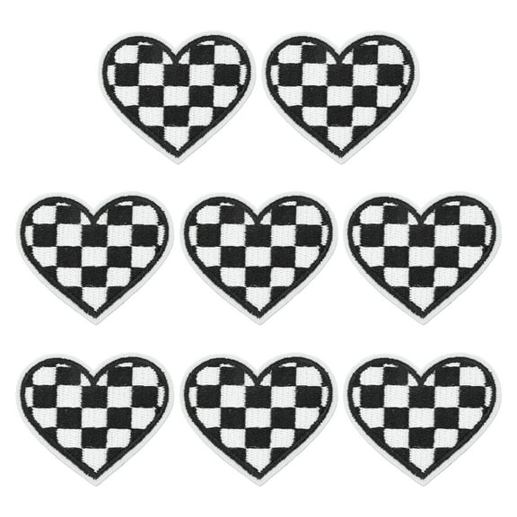 Uxcell 8 Pcs Heart Checkered Iron on Patches Embroidered Appliques Sew on Patches for Jacket Denim Collection Clothes Dress Hats Jeans DIY Accessory, Black/White