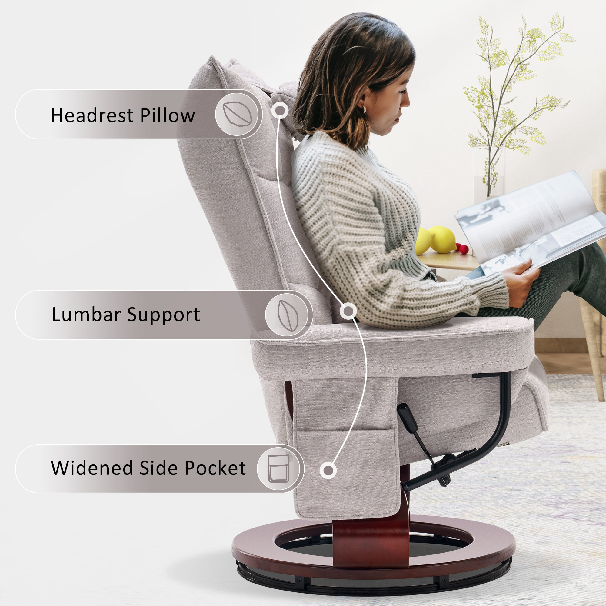 Mcombo Swivel Recliner with Ottoman, Massage TV Chairs with Neck Pillow and Side Pocket for Living Reading Room, Chenille Fabric 4188