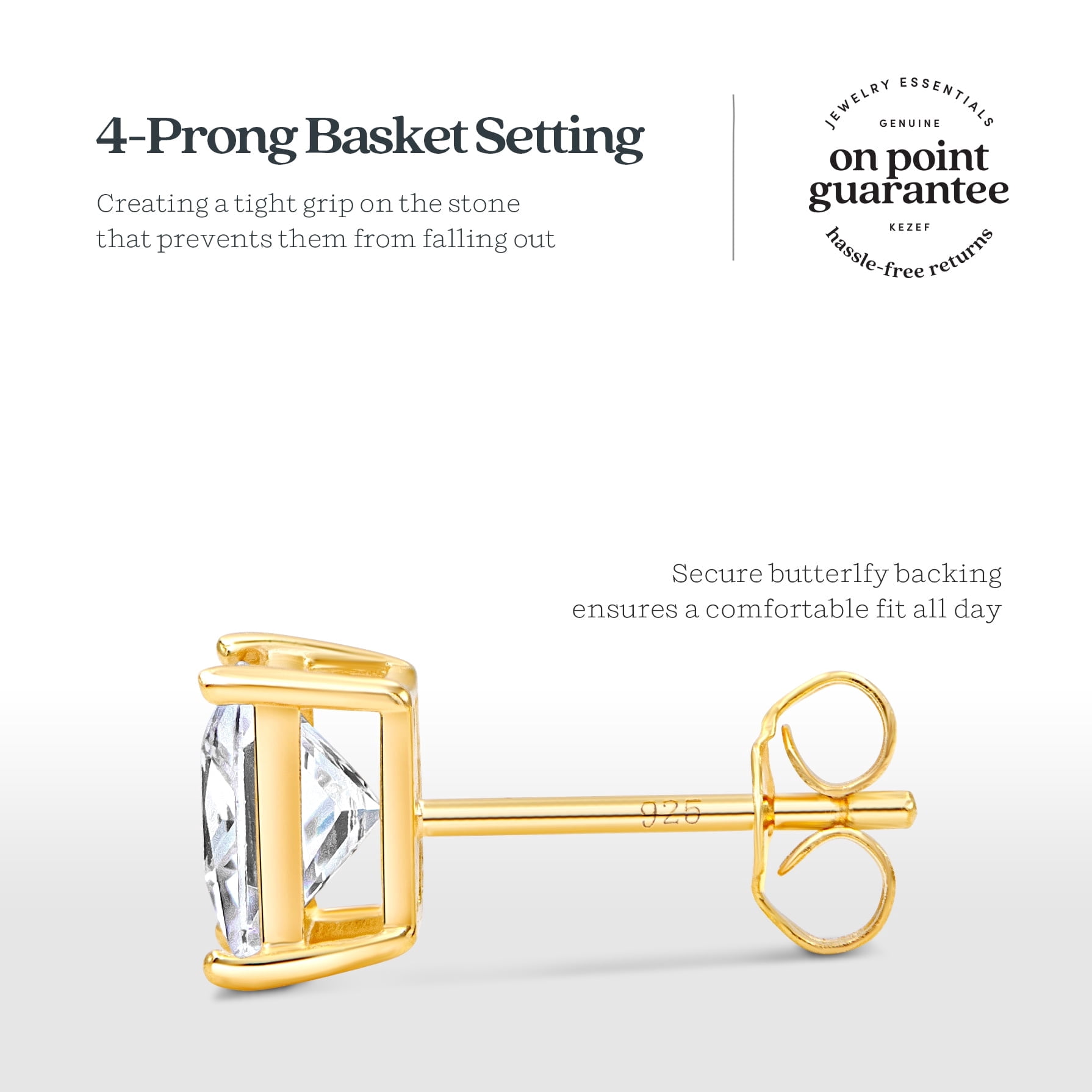 Kezef 5mm Square CZ Stud Earrings, 18K Gold-Plated 925 Sterling Silver, Cubic Zirconia Earring Studs, Hypoallergenic for Women