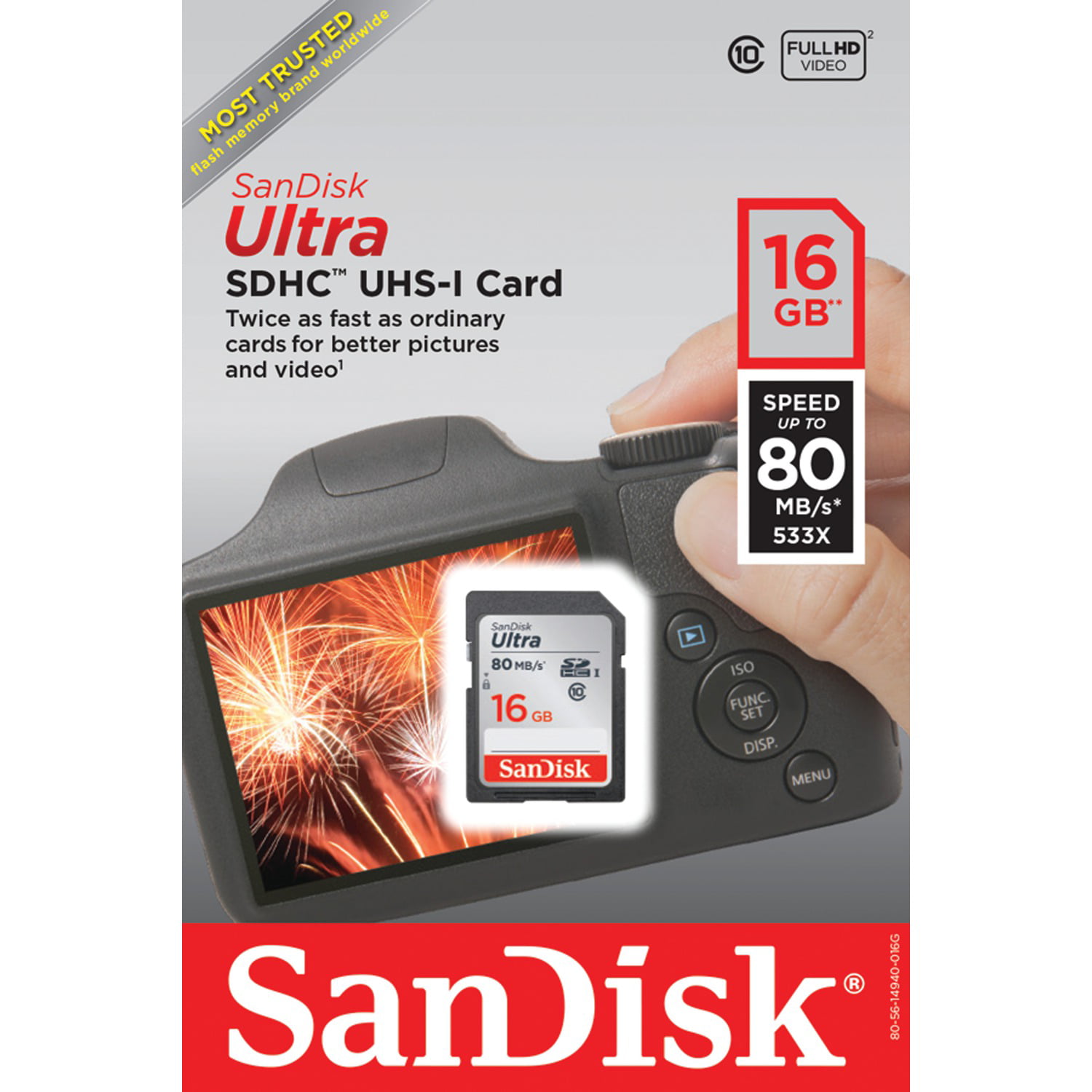 Carte Mémoire SDHC 16 Go SanDisk Ultra jusqu'à 80 Mo/s, Classe 10