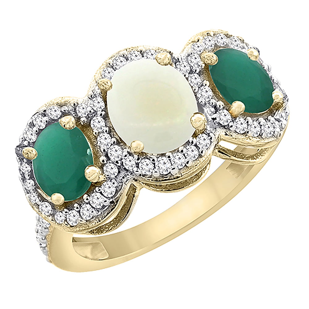 14K Yellow Gold Natural Opal & Emerald 3-Stone Ring Oval Diamond Accent, size 6.5 by Gabriella Gold
