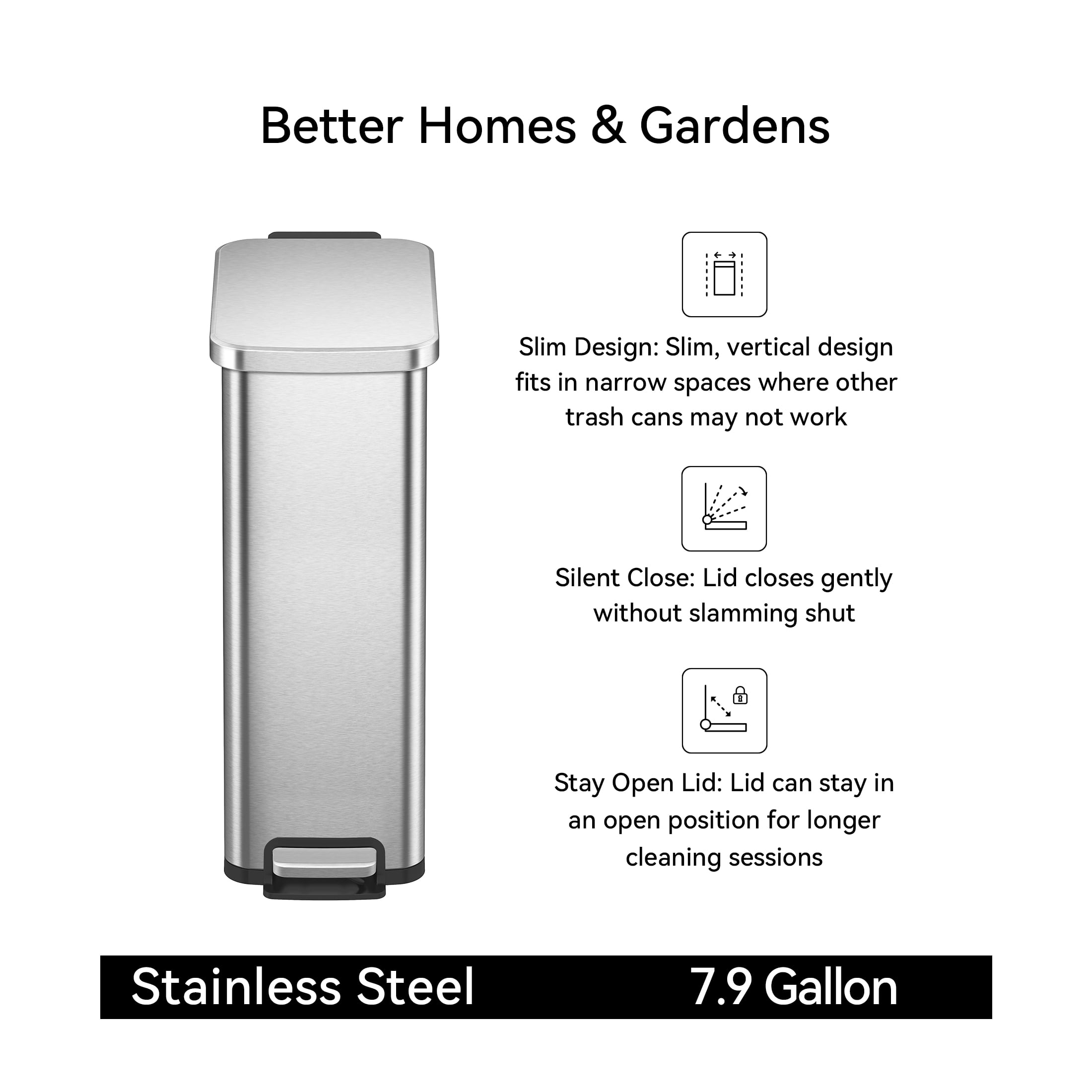 Better Homes & Gardens Kitchen Trash Can, 7.9 Gallon Stainless Steel Slim Step Garbage Bin with Soft Close Lid, Silver