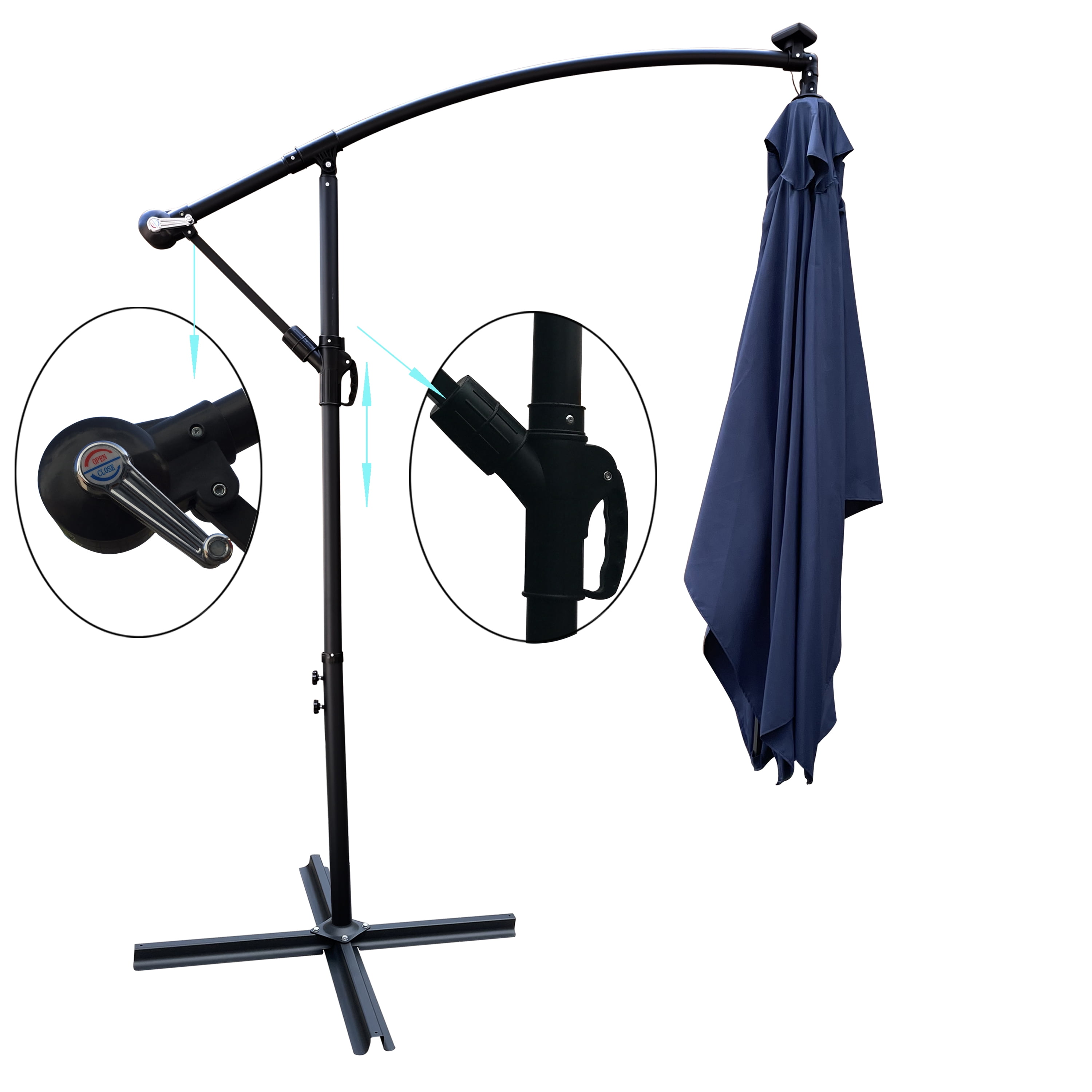 2.5x2.5M Square Outdoor Patio Umbrella, Solar LED Lighted Sun Shade Canopy with 8 Ribs & Crank Base, Navy Blue