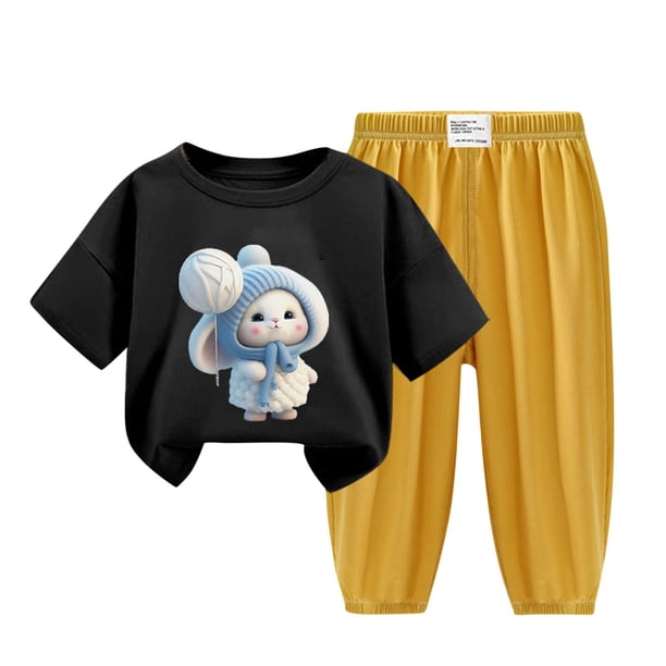 Odeerbi 2-12 Años Niño Niña Conjunto de Verano Camiseta de Manga Corta de Algodón Ice Silk Pantalón de Chándal Conjunto de Dos Piezas de Ropa Interior Estampada