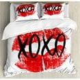 thumbnail image 1 of XOXO Duvet Cover Set King Size, Realistic Colored Lips Pattern with Modern Ink Calligraphy Image, Decorative 3 Piece Bedding Set with 2 Pillow Shams, Vermilion Charcoal Grey White, by Ambesonne, 1 of 3