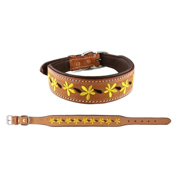 Medium 17''- 21'' Padded Leather Floral Embroidered Dog Collar 60BT08