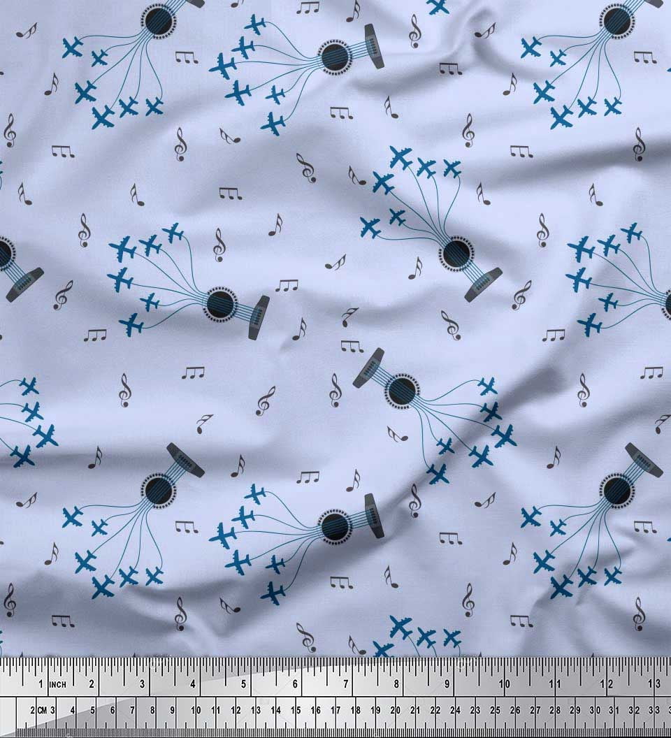 Soimoi Blue Silk Fabric Guitar & Xylophone Musical Instrument Print Fabric By The Yard 42 Inch Wide