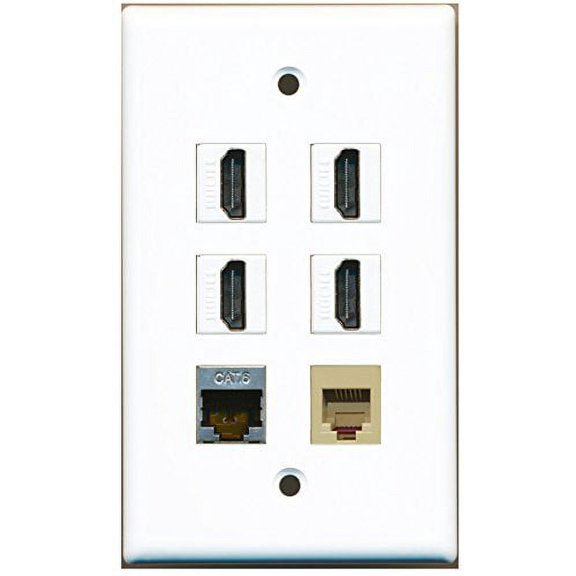 RiteAV - 4 HDMI 1 Port Phone RJ11 RJ12 Beige 1 Port Shielded Cat6 Ethernet Wall Plate