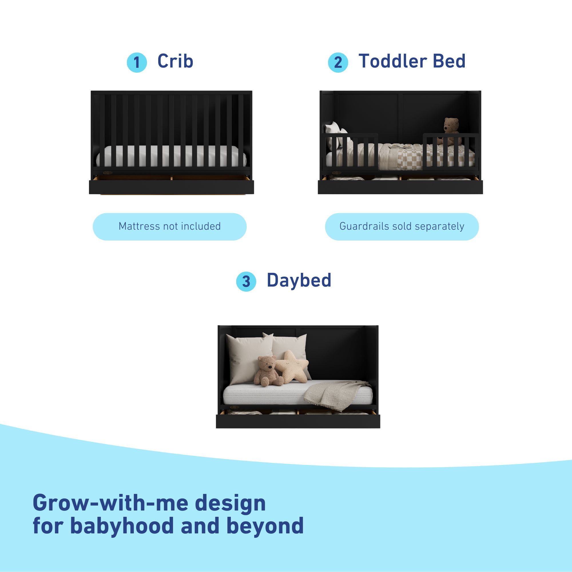 Graco Theo 3-in-1 Convertible Baby Crib with Drawer, Black