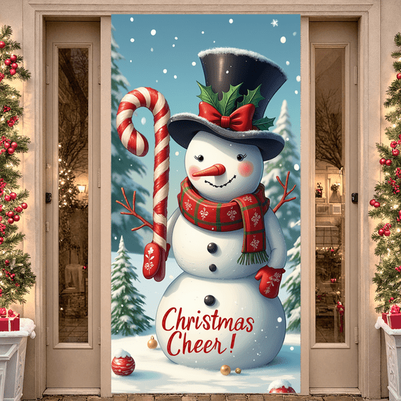 Festive Design Happy Snowman Christmas Banner Red White Candy for Holiday Party Winter Decoration Celebration