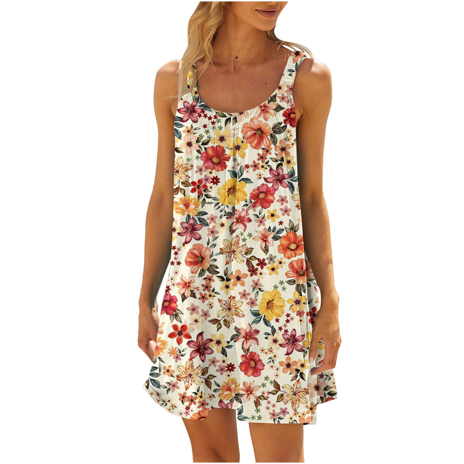 VSSSJ Women Boho Floral Print Mini Cute Dresses Casual Sleeveless Crew Neck Swing Tank Sundress