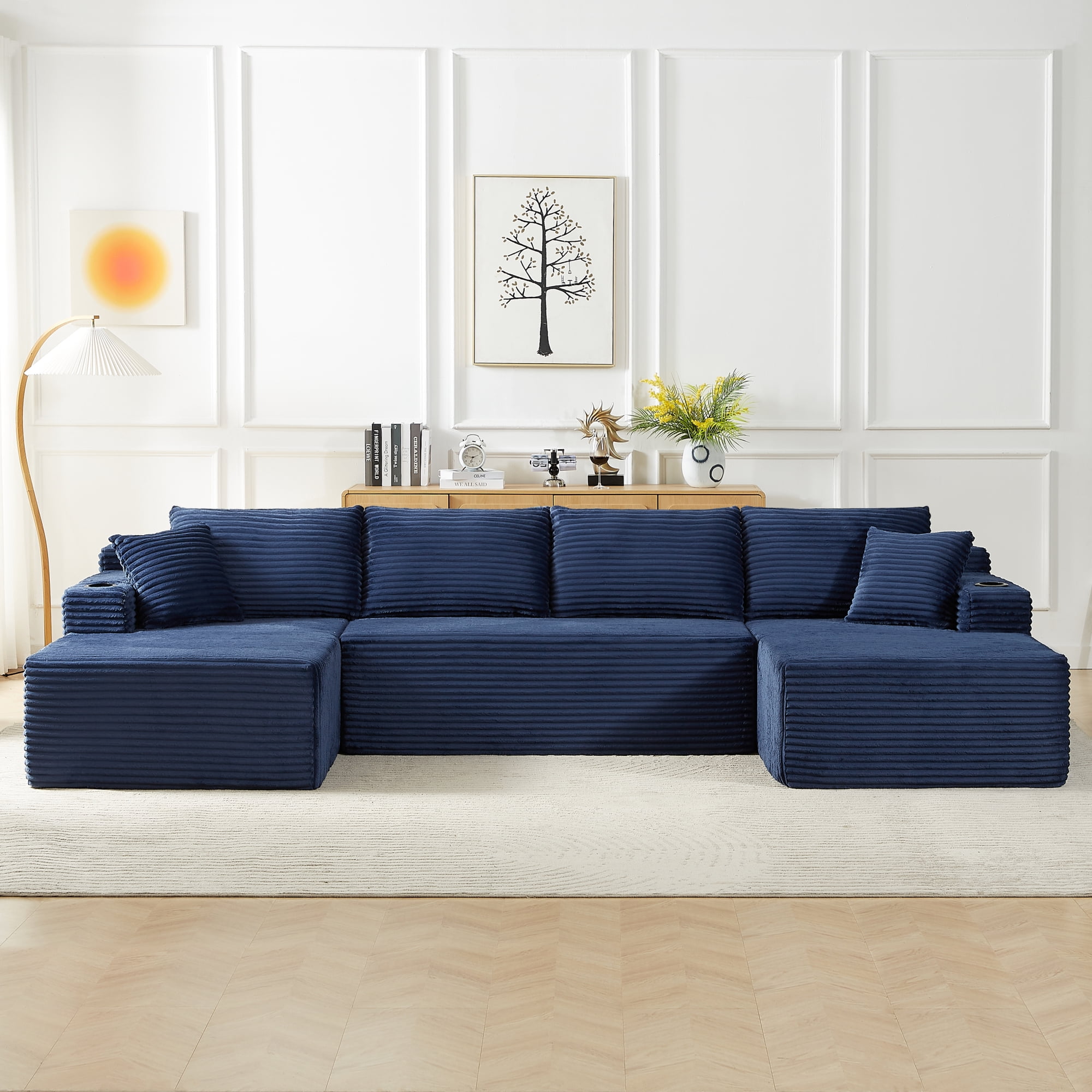 Leumius 133" Oversized Boneless Sectional Couches for Living Room,Modern Corduroy U Shaped Modular Sectional Sofa with Deep Seat,6-Seat Cloud Couch with Cupholders and Side Pockets,No Assembly,Blue