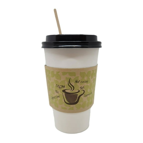 16 oz Disposable Paper Coffee Cups with Lids, Sleeves and Stirrers 100 sets