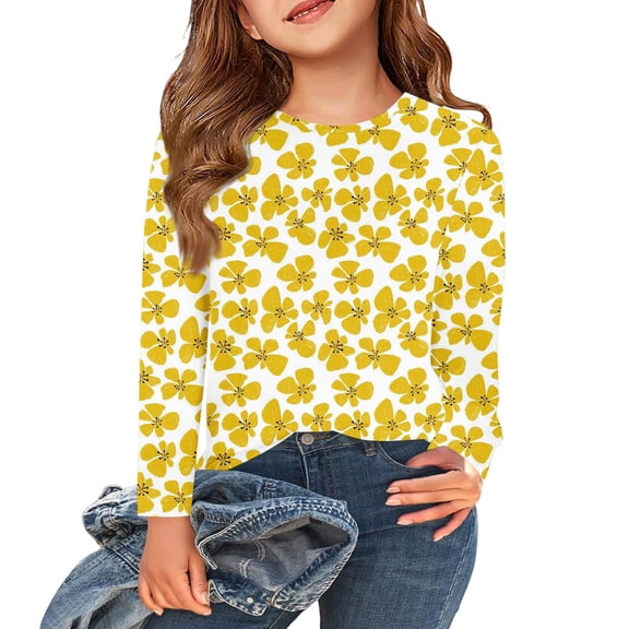 Abcomgle Girls Long Sleeve Shirts Size 6 Trendy Floral Print Crewneck T-Shirts for Girls Fall Basic Top for Girls Cotton Blouses for Girls 8-9 Years,Yellow