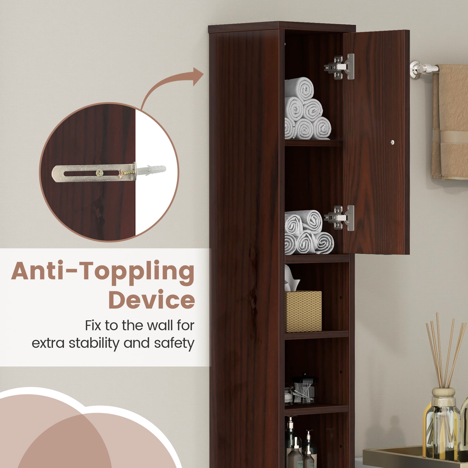 Costway 71" Slim Bathroom Storage Cabinet with 2 Doors 5 Adjustable Shelves 1 Drawer Brown