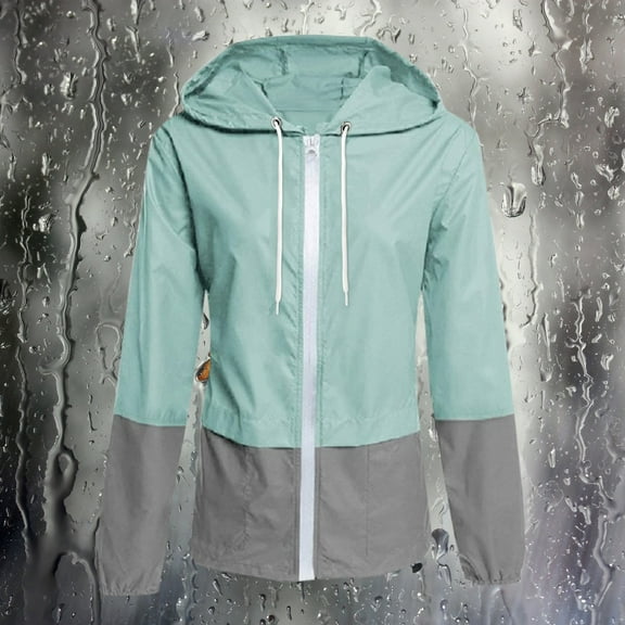 Baqcunre Womens Jacket Women's Autumn And Winter Patchwork Color Hooded Long Sleeved Drawstring Pocket Casual Raincoat Womens Coats Fall Outfits Blue 1 L