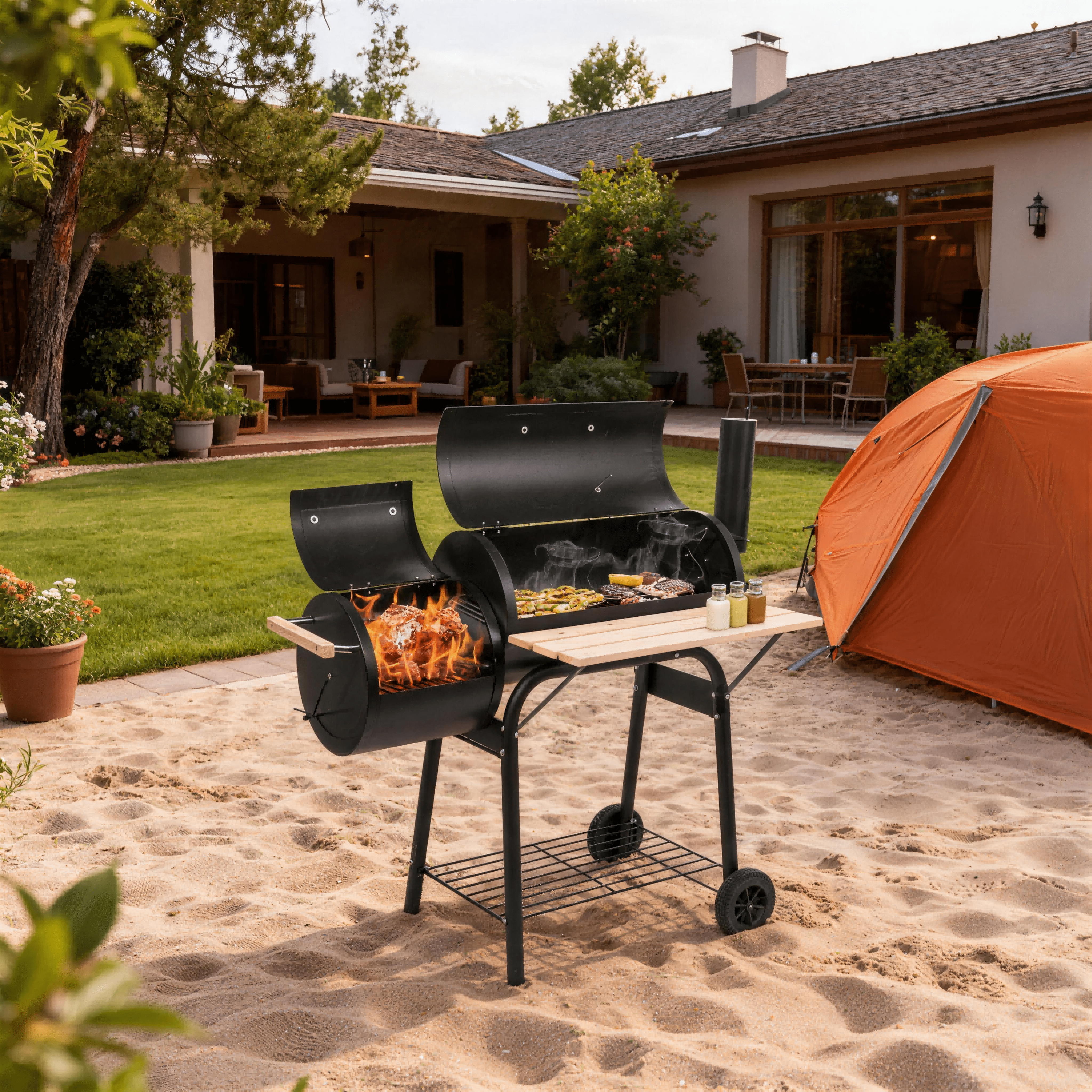 LODZPK Portable Charcoal BBQ Grill, Thermometer & Large Space for Camping Picnic Black