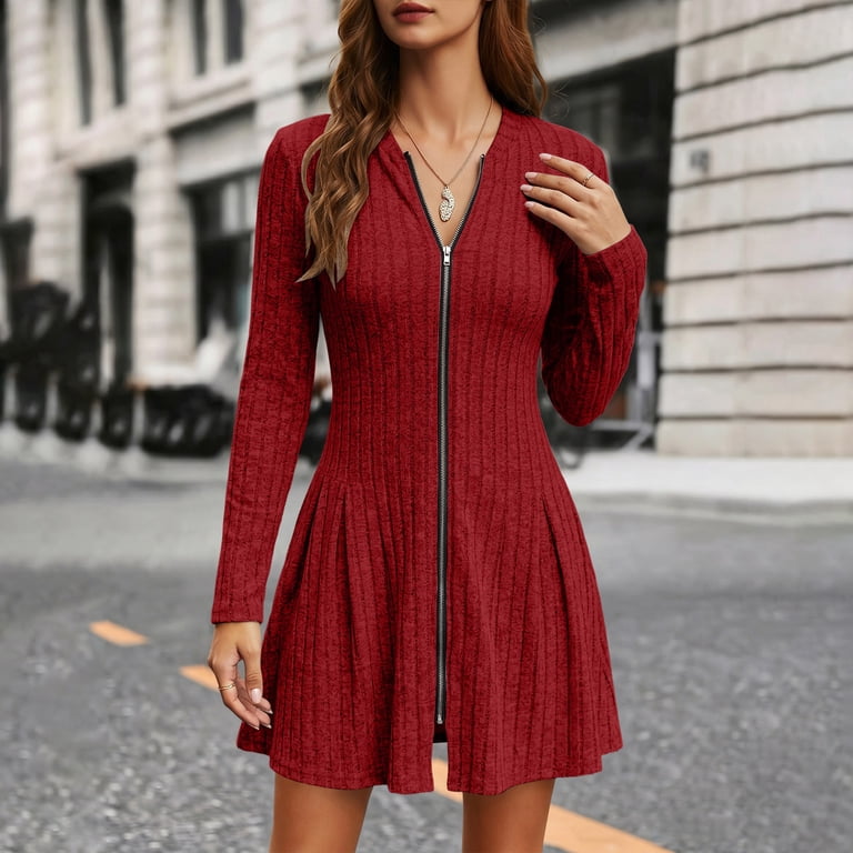 Women's Mini A-Line Dress Solid Color Long Sleeve Zip Front Mock Neck Dress Four-Way Stretch Slim Casual Outfit for Spring Winter Daily Party Vacation Wear