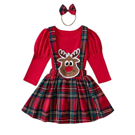 

Suanret Toddler Baby Girls Christmas Outfits Puff Sleeve Romper Deer Suspender Skirt Headband Set Clothes Red 3-6 Months