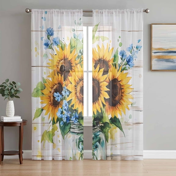 Sunflower Semi Sheer Curtains 63 Inch Length 2 Panels Set, Retro Country Garden Floral Blue Wildflower Sheer Kitchen Curtain Privacy Voile Window Curtain for Living Room Bedroom Rod Pocket Drapes