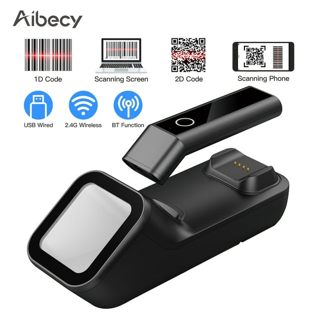 Aibecy Scanner de Codes-Barres 3-en-1 Portable 1D/2D/QR Lecteur de Codes-Barres Supporte Connexion Sans Fil BT & 2.4G & USB Filaire avec Base de Charge & Numérisation Compatible avec Windows Android iOS pour Journal de Supermarché