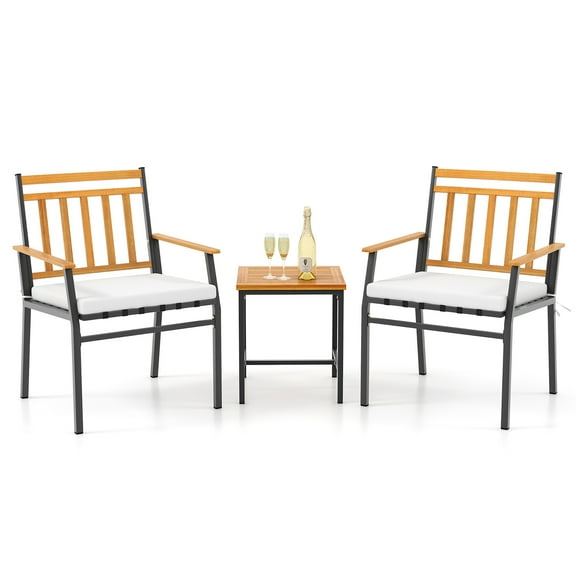 Gymax 3 PCS Acacia Wood Bistro Set Patio Conversation Set w/ Cushions and Coffee Table
