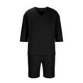 thumbnail image 4 of BSDJILFG Pajamas for Men Lightweight Short Sleeve V Neck Tees Textured Ribbed Knit Elastic Waist Drawstring Shorts ,S-3XL, 4 of 6
