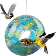 Topadorn Bird Feeders for Outdoors Hanging Bird Feeder, Wild Bird Seed for Outside Feeders and Garden Decoration Yard for Bird Watchers, Blue and Green Glass Mosaic, 9" H