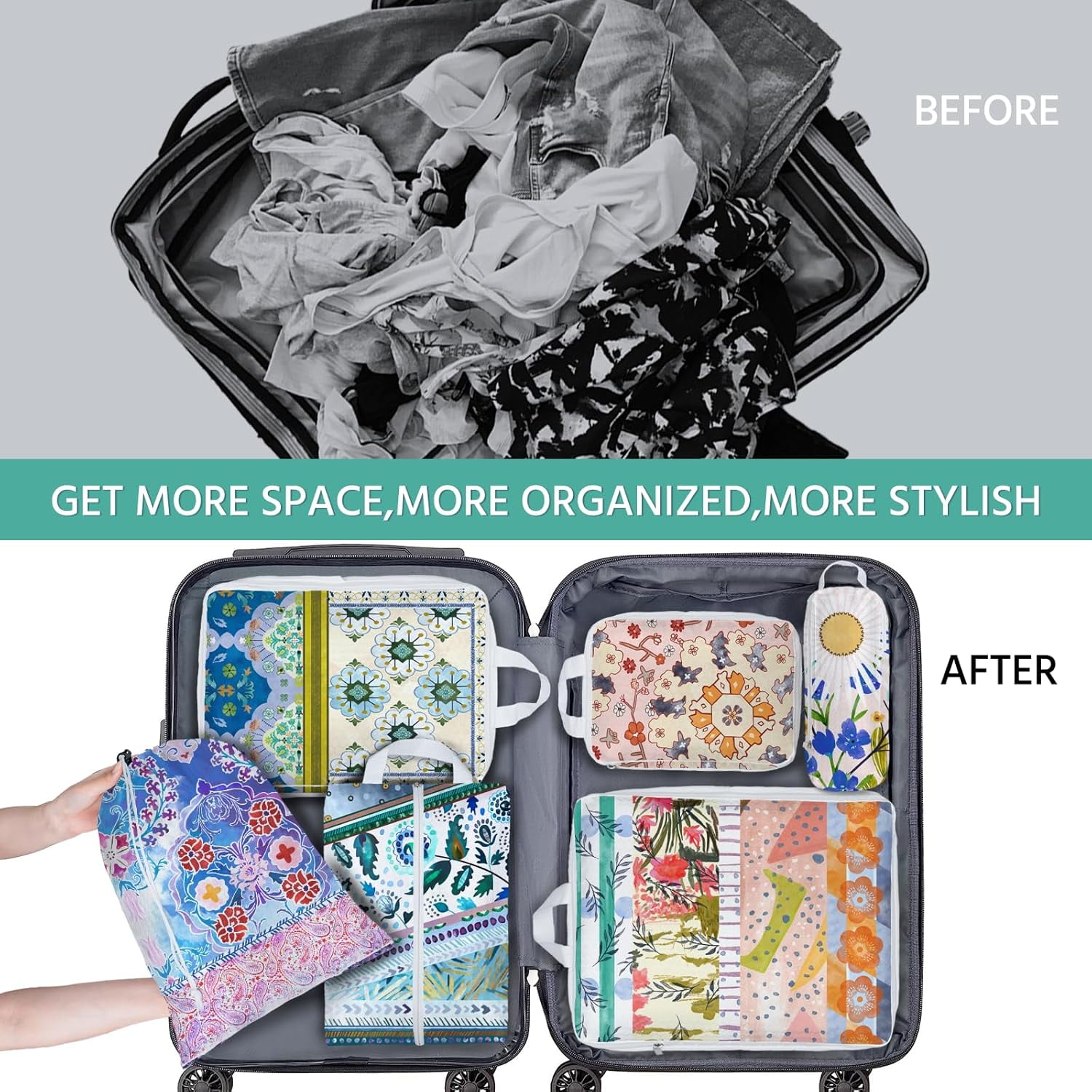 6 Pcs Compression Packing Cubes Waterproof Suitcase Travel Bag Luggage Backpack Organizer Travel Cubes for Packing-Pink and Green Bohemian