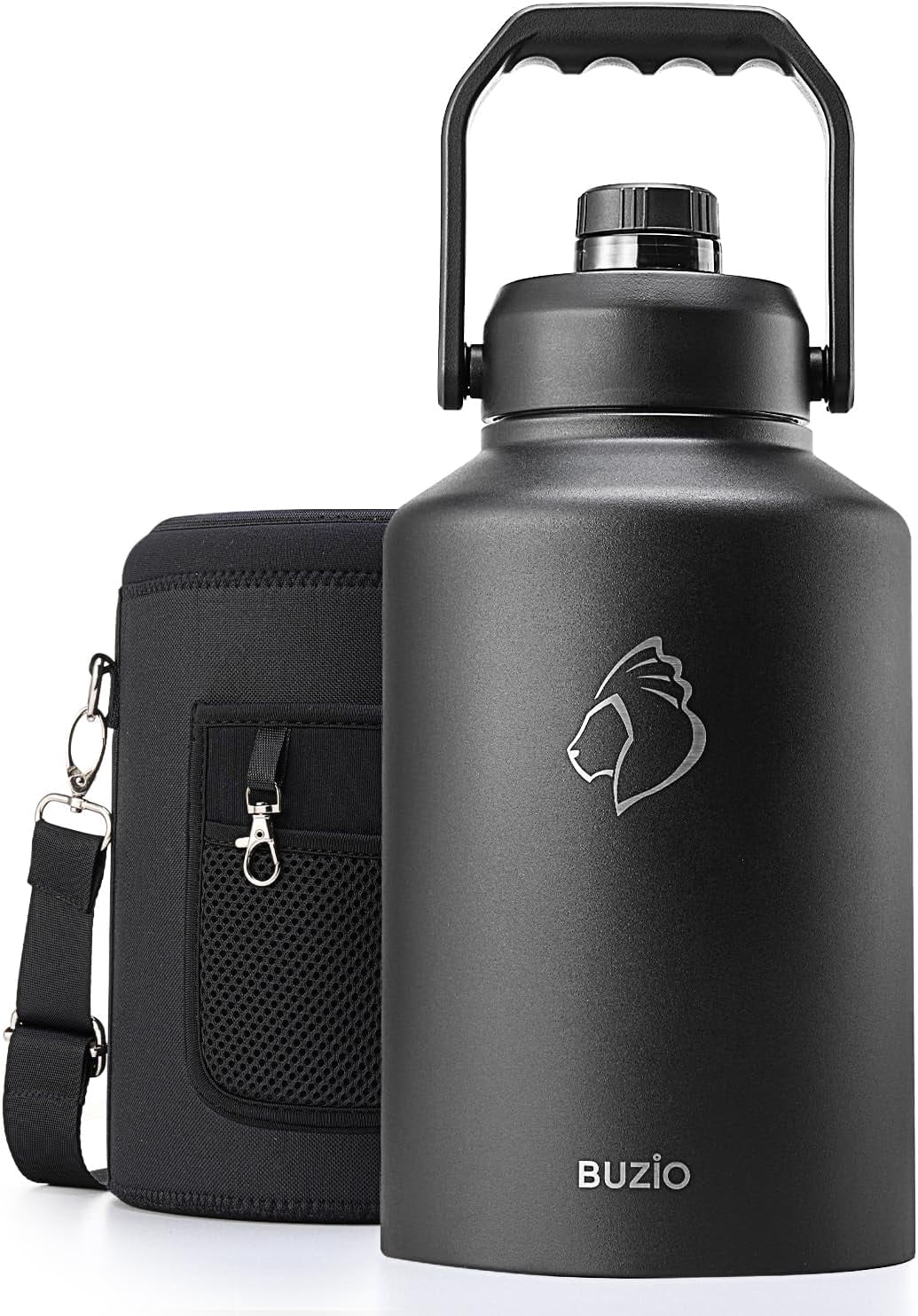 BUZIO 128oz One Gallon Insulated Large Stainless Steel Big Wide Mouth Water Jug Flask Water Bottle with Carrying Sleeve,Magic Black