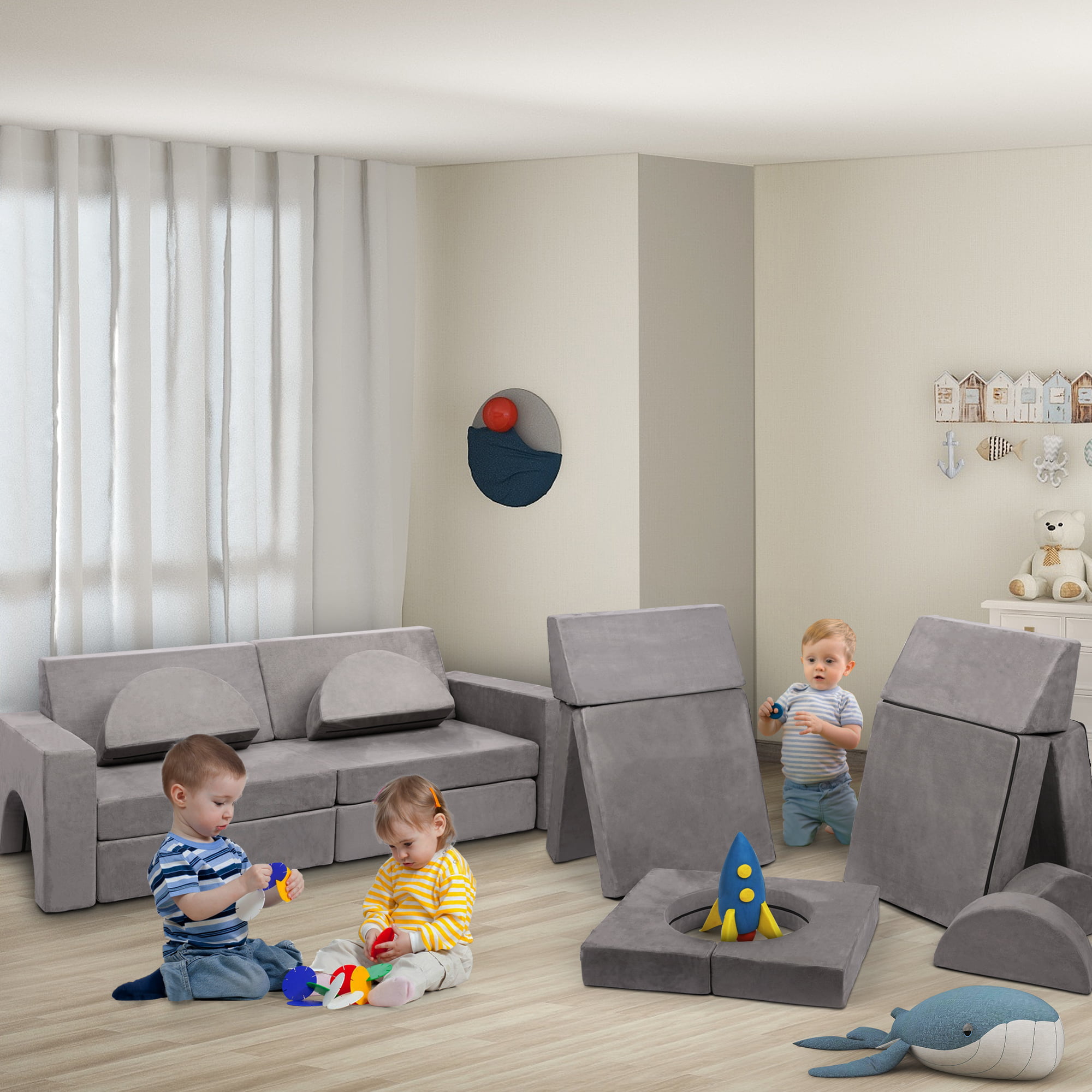 Tolead Modular Kids Play Couch Child Sectional Sofa, Imaginative Furniture  Play Set for Creative Kids,Toddler to Teen Bedroom Furniture, Girls and Boys  Playroom Convertible Sofa, Gray