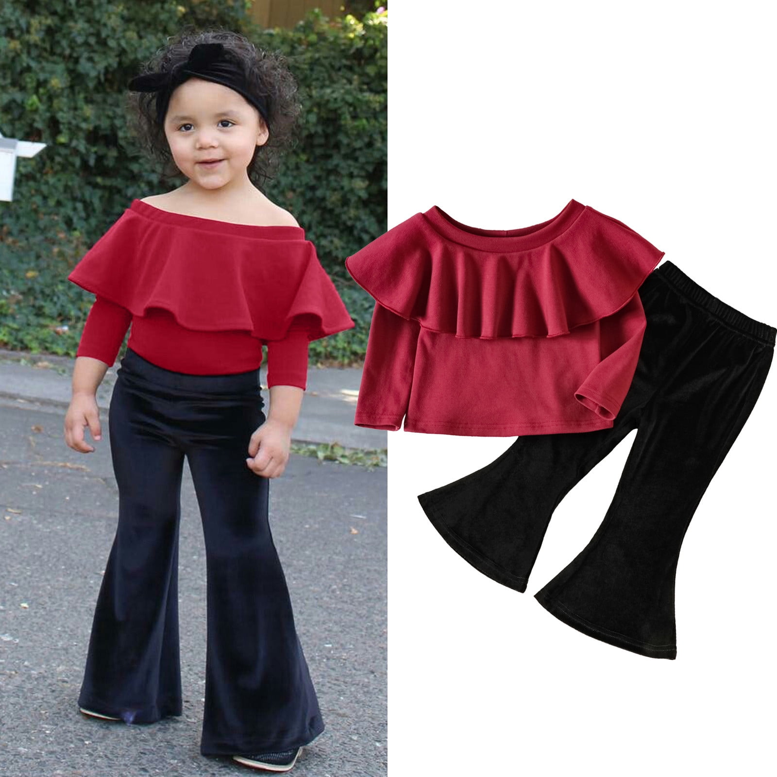 2pcs Baby Girl Button Front Off Shoulder Long-sleeve Shirred Top and Striped Flared Pants Set