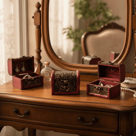 Yakimoto 8-Piece Vintage Wooden Jewelry Box Set, Small Antique Treasure Chest Organizer for Earrings and Rings