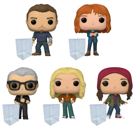 Jurassic World: Dominion Set of 5 -Includes Owen Grady, Claire Dearing, Ian Malcolm, Ellie Slattler, Maisie Funko Pops   Blue Salamander Emporium Plastic Protector Cases
