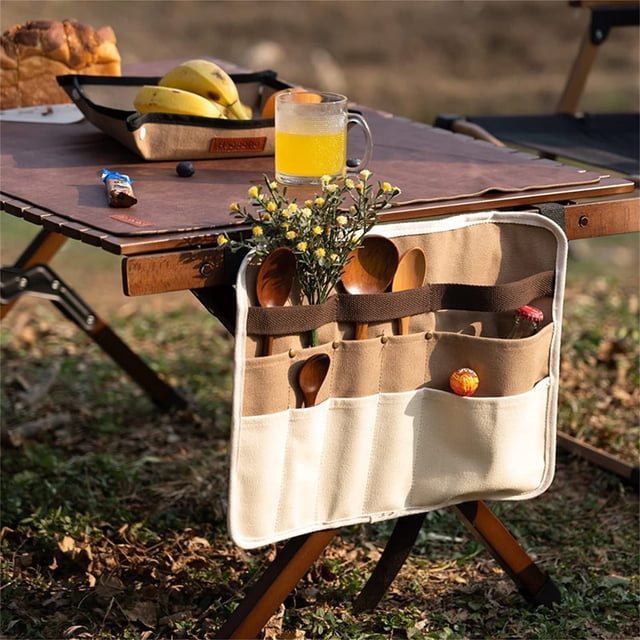 Utensilios de viaje portátiles, bolsa de vajilla para acampar, juego de cubiertos de picnic para acampar, bolsa de almacenamiento de vajilla para acampar Bolsa de suspensión de picnic de lona portáti TUNC Sencillez