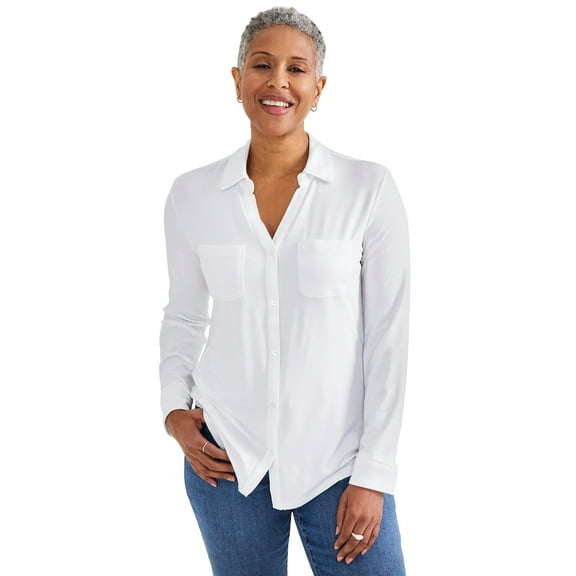 Style & Co. Women's Button-Down Knit Shirt Bright White L