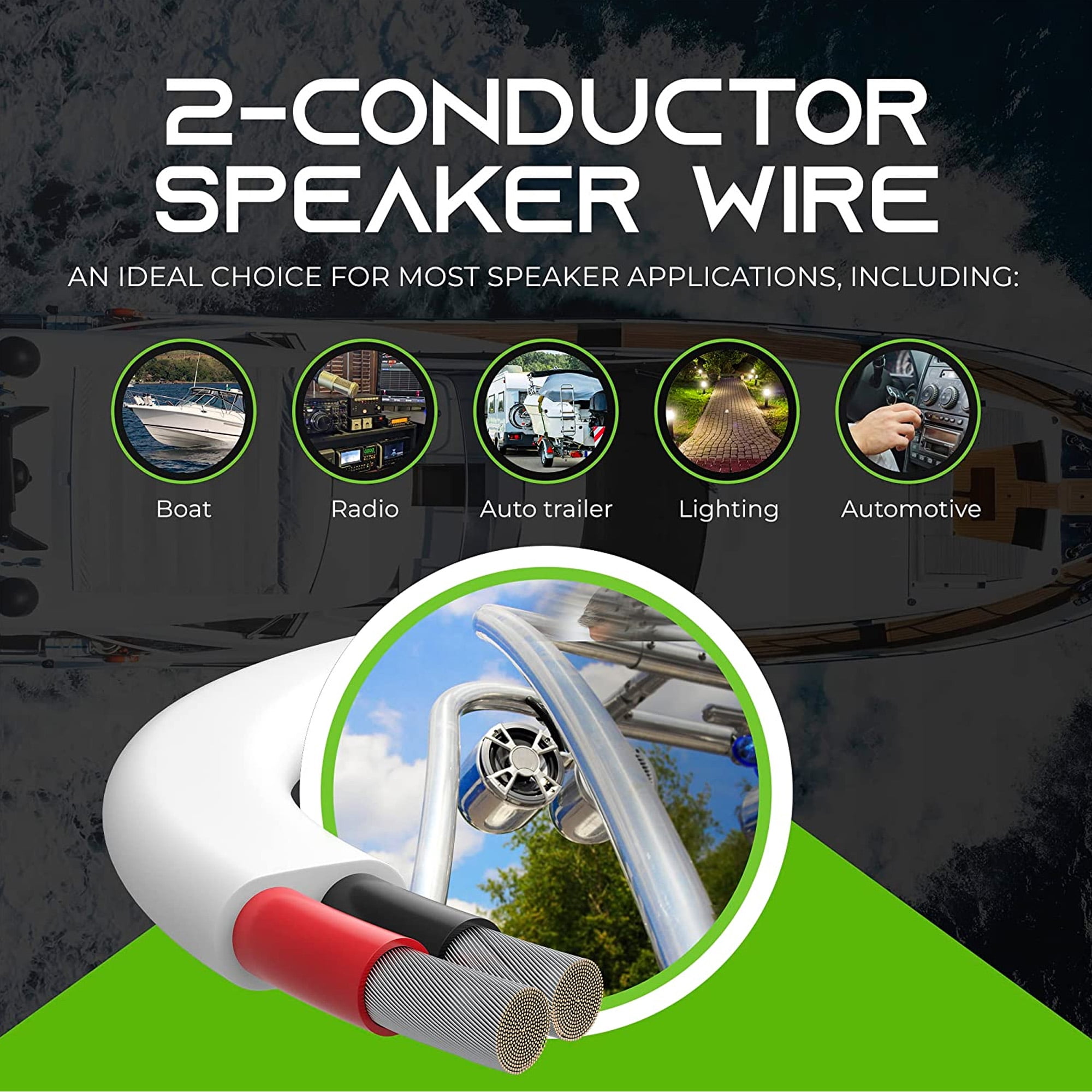 GEARit 16 Gauge Wire Speaker Cable 50 Ft Marine Grade OFC Copper for Boat Stereo Systems, 2 Conductor Audio Installation, White