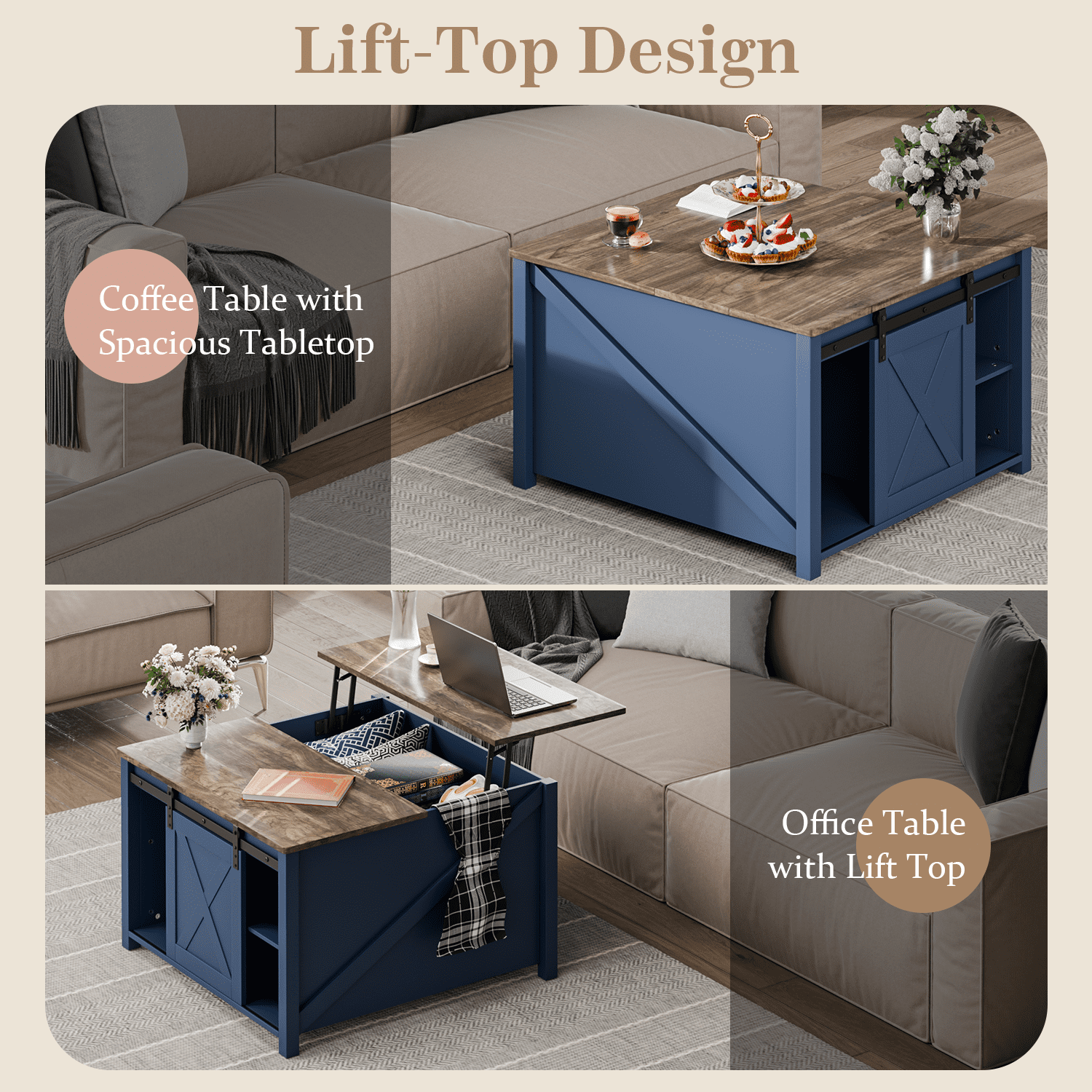 Waleaf Wooden Convertible Coffee Table, Lift Top Coffee Table with Large Hidden Storage Shelf for Living Room