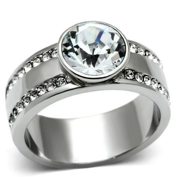 Women High Polished Stainless Steel Ring with Top Grade Crystal in Clear - Size 10