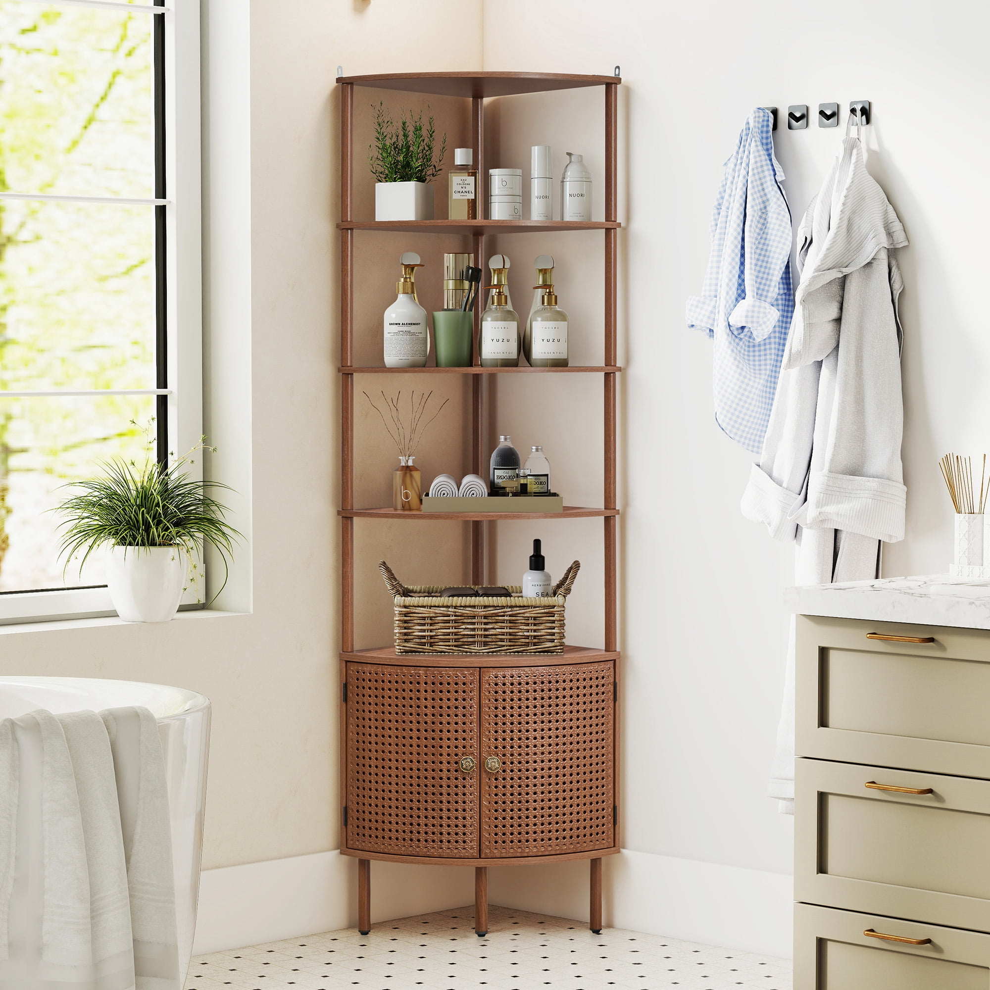YOCWO 67" Tall Corner Bookshelf with 4-Tier Display Shelves and 2 Door Storage Cabinet, Metal Rattan Door Design, Walnut