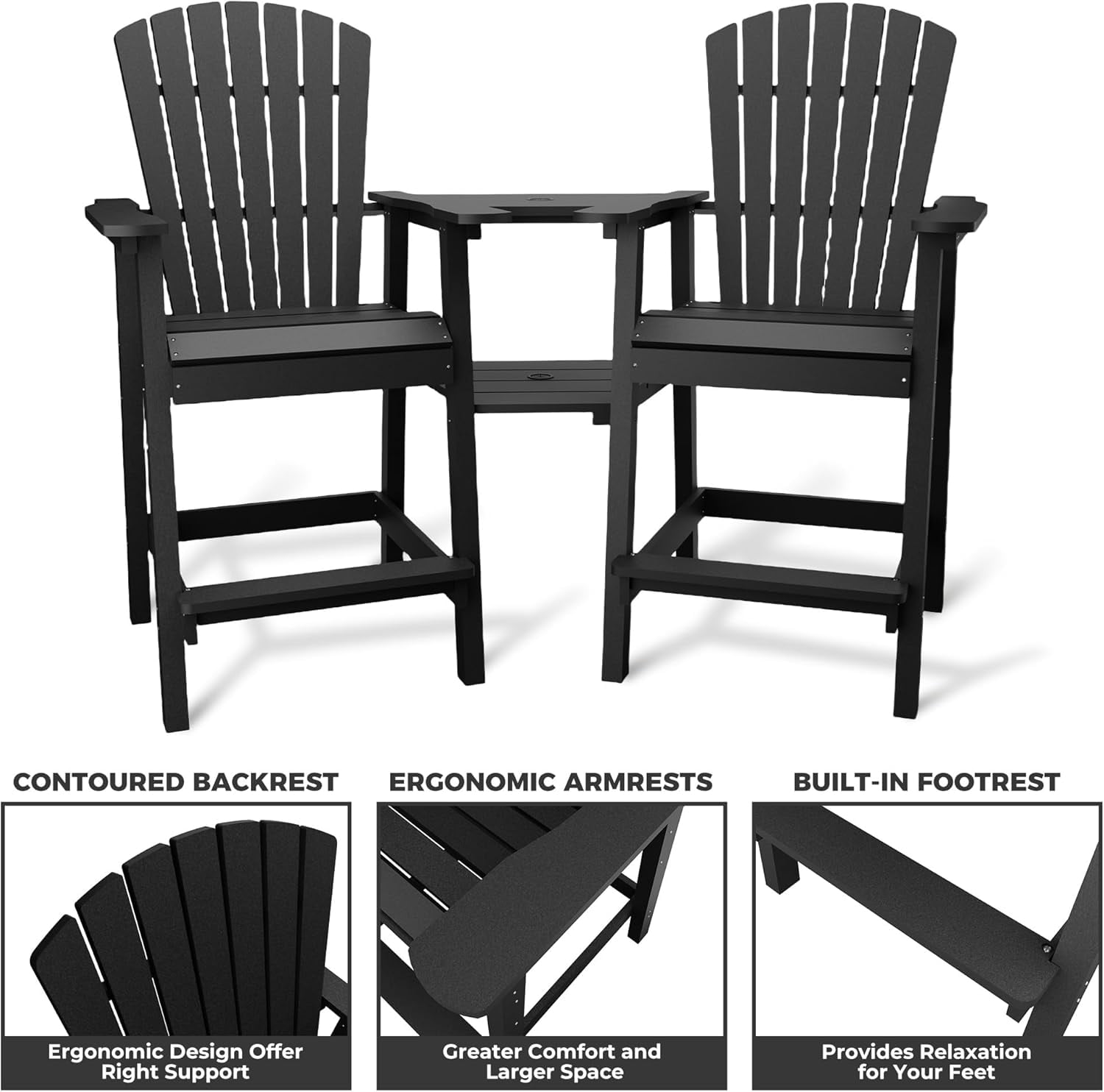 Outdoor Bar Height Adirondack Chairs with Connecting Tray,Balcony Chairs Recycled Poly Adirondack for Deck,Backyard,Outdoor Tall Adirondack Chairs Weather Resistant