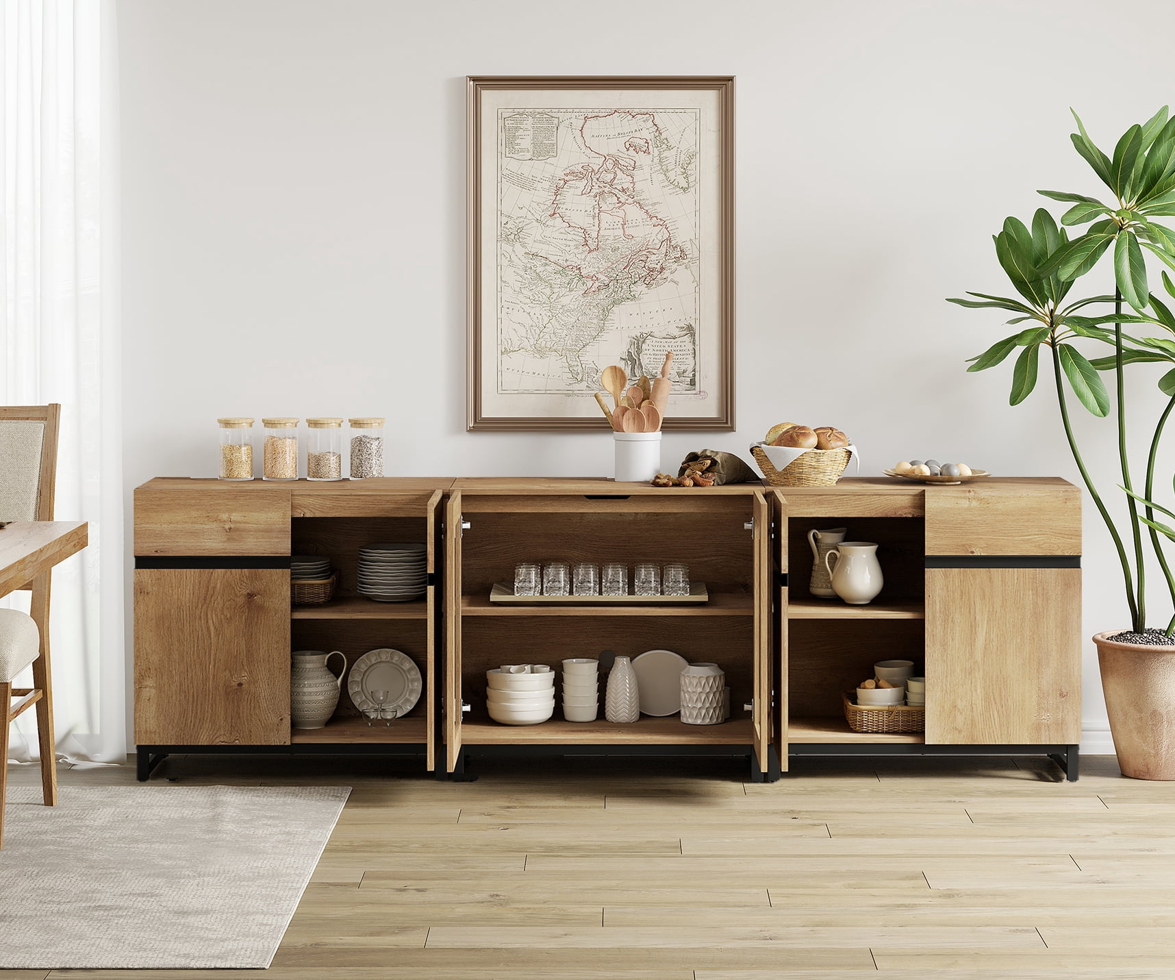 Modern Sideboard With Adjustable Shelves, 3 In 1 Storage Cabinet With Glass Doors, Coffee Bar Cabinet For Living Room, Kitchen,Oak