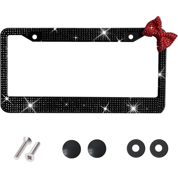 License Plate Frame for Women, Rhinestone License Plate Frame with Red Bow, Sparkly Car Tag Frame, Cute Girly Car Accessories Gift (Black Frame   Red Bow)