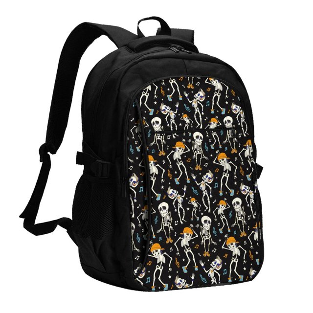 Balery Dancing Skeleton Party Mochila con carga USB para hombre y mujer - Mochila impermeable y antirrobo para portátil con puerto USB para viajes, trabajo, estudios y universidad