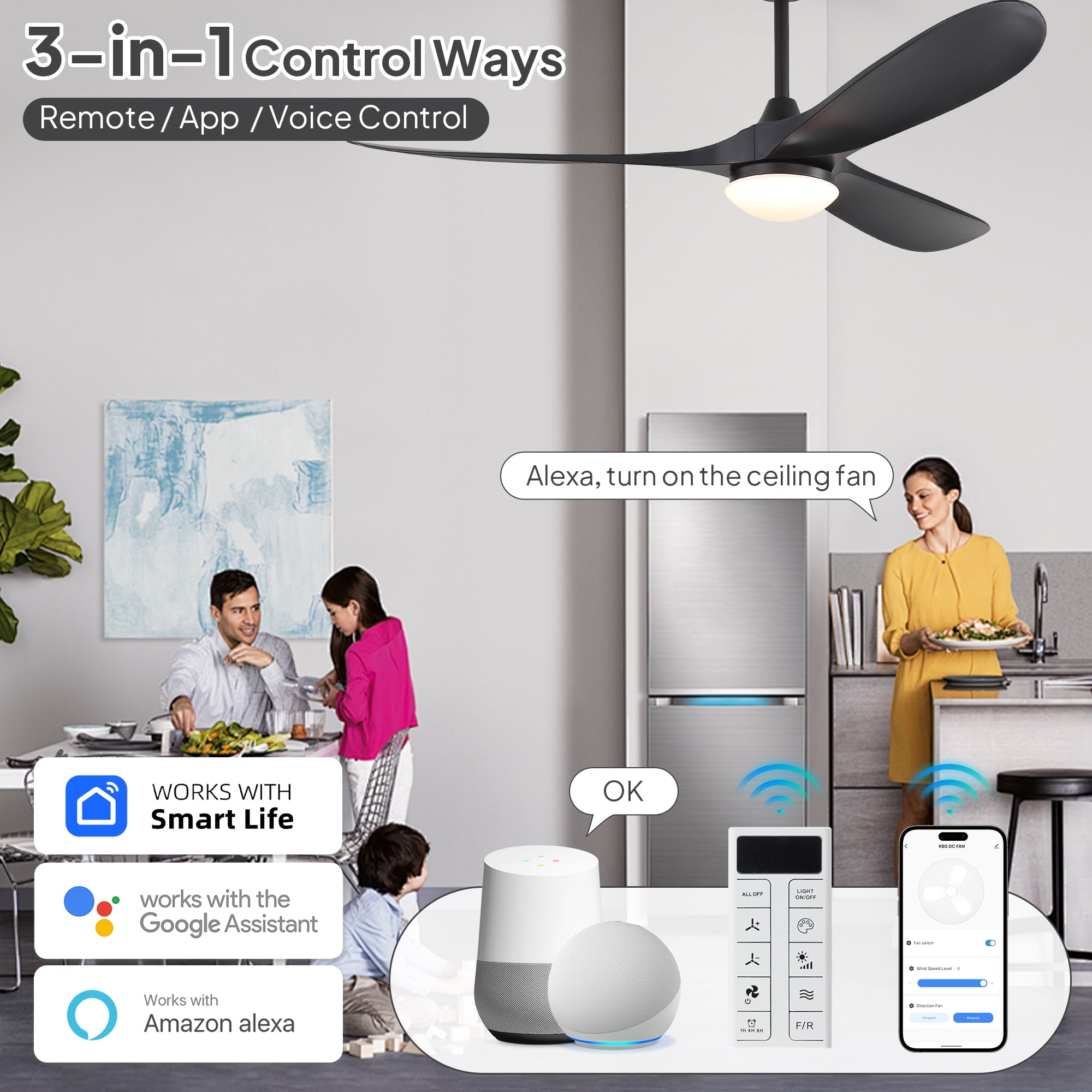 Sofucor 60 Inch Ceiling Fans with Light Compatible with Alexa/Google/App 3 Blades Reversible DC Motor Timer for Kitchen Bedroom Living Room Dining Room Farmhouse (burlywood)