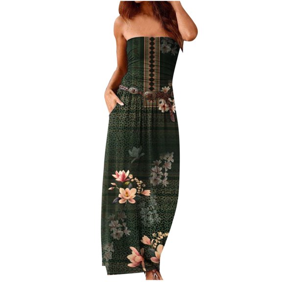 Wycnly Dresses for Women 2024 Summer Beach Vintage Graphics Sexy Strapless Pleated Hem Long Sundress with Pocket Floral Print Sleeveless Tube Top Maxi Formal Dresses for Women Army Green m